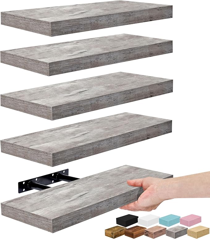 Sorbus Floating Shelves for Wall – 16 Inch Floating Shelf for Kitchen, Bedroom, Living Room, Bathroom, Home & Wall Decor - Mounted Bathroom Shelves with Invisible Brackets (Grey, 5 Pack)