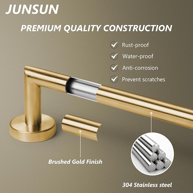 JunSun Towel Bar 30 Inch Bathroom Towel Rack Heavy Duty Bath Towel Holder Modern Towel Rod Brushed Brass Towel Hanger Bathroom Accessories Gold Towel Rail Stainless Steel Single Towel Bar Brushed Gold