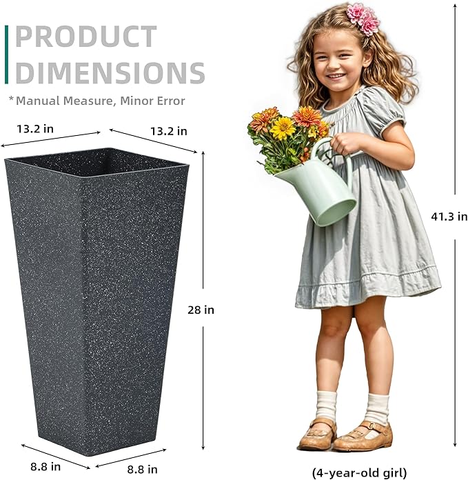 28" Plant Pots Tall Planters for Plants Outdoor Set of 2 Plastic Planter Pot Large Flower Pots Indoor Weather-Resistant for Patio, Porch, Garden, Front Door Christmas Decor Terrazzo Black
