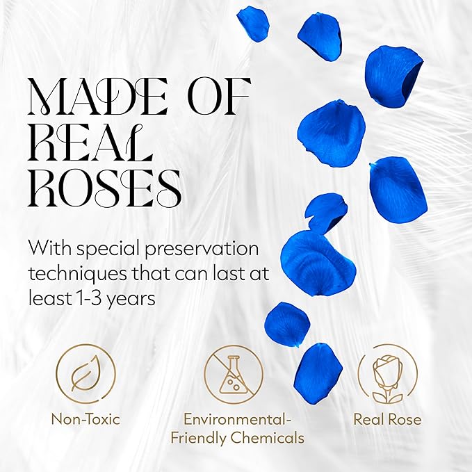 GLAMOUR BOUTIQUE Flower Forever Gift Box 12 Real Preserved Roses in Round Velvet White Box, Handmade, Rose Petals, Birthday, Marriage, Anniversary, Graduation - Blue