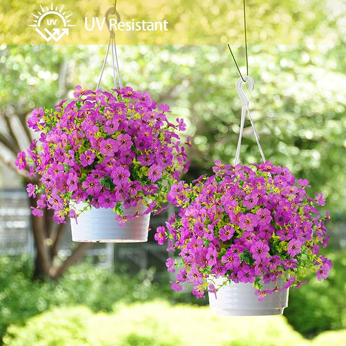 Artificial Flowers Outdoor Faux Plants UV Resistant Fake Patio Flowers Plastic Greenery Plnats Outside Bulk for Spring Garden Hanging Planter Home Vase Decor, 12 Bundles (Purple)