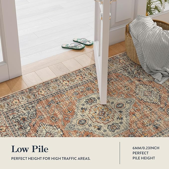 Lahome Oriental Washable Kitchen Runner Rug Non Slip, 2x8 Runners for Hallways with Rubber Backing, Vintage Soft Long Carpet for Bathroom Laundry Bedroom, Peach/Orange