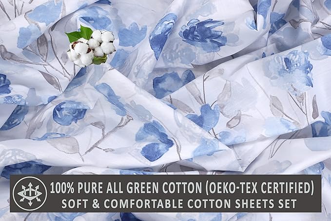 RUVANTI 100% Cotton King Size Sheets Set, 4 Pieces, Soft & Breathable Percale Weave Bedding, Deep Pocket 16", Hotel Standard, Crisp Cool Feel, Durable, Perfect Floral Bed Sheet, Monotones