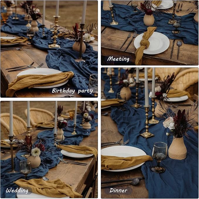 12 Pack 13Ft Cheesecloth Table Runner 35x157 Inch Boho Gauze Table Runner Cheese Cloth Long Rustic Table Runners for Wedding Bridal Shower Birthday Party Table Decor (Navy Blue)