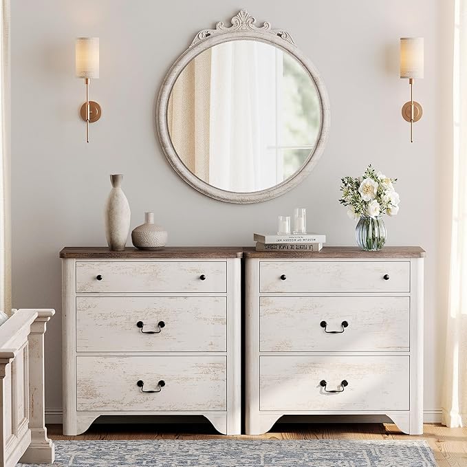 WAMPAT 3 Drawer Dresser Set of 2, 63" Large White Dresser for Bedroom with Wide Chest of Drawers, Farmhouse Dresse Nightstand Cabinet for Bedroom, Living Room, Hallway, Office
