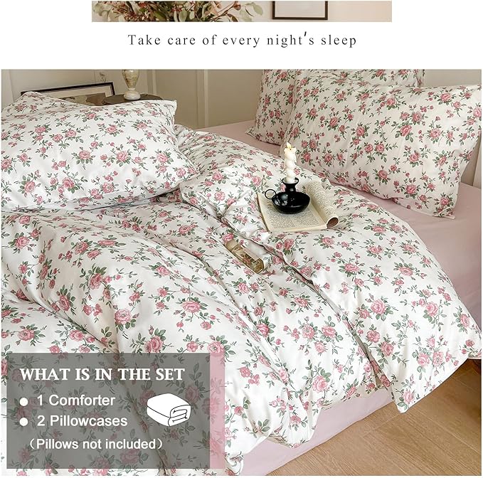 VM VOUGEMARKET Gilr's Comforter Set Twin XL Pink Flower Bedding Comforter with 2 Pillowcases,All Season Use Fluffy Soft & Lightweight Cottagecore Comforter Set for Teen Girls 68"x90"