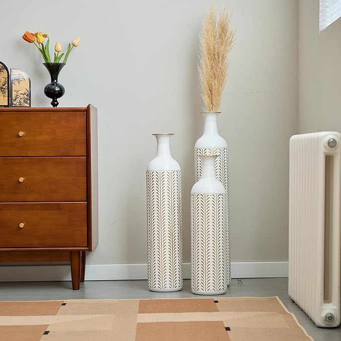 Metal Floor Vases Decorative, Set of 3 Flower Arrangement Stand, Tall Gold＆White Metal Floor Vases for Living Room, Bedroom & Entryway, 33.4", 28.74", 24.1" H (White＆Gold)