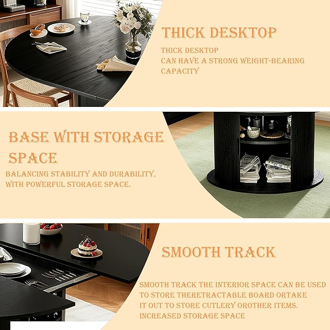 Wildhome Extendable Round Dining Table for 2-4-6, 63 Inch Dining Room Kitchen Table with 2-Tier Storage Shelf, Modern Farmhouse Fluted Wood Slide Door Dinner Furniture,Oval Circle,Black-63 Inch