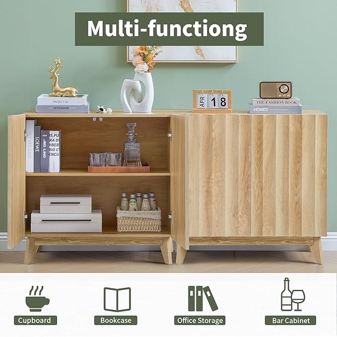 Bifins Sideboard Buffet Cabinet with Storage, 30.7" Mid Century Modern Fluted Storage Cabinet with Doors & Adjustable Shelves for Living Room,Kitchen,Entryway (Natural 1pc)