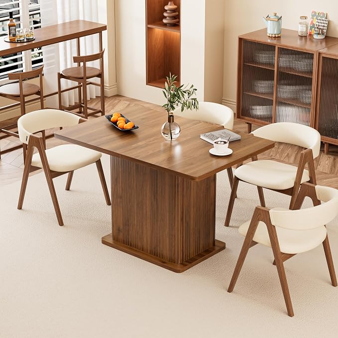 Extendable Kitchen Dining Table for 4-6, 47-65 Inch Rectangle Dining Room Table with 2 Doors, Large Storage, Mid Century Modern Dinner Furniture, Living Room, Space Saving, Square, Fluted, Walnut