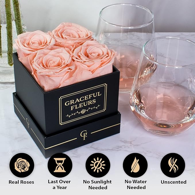 Graceful Fleurs | Real Long Lasting Roses for Years | Preserved Fresh Flowers for Delivery Birthday | Birthday Gifts for Women | Forever Roses in a Box (Light Peach, Black Box, 4 Roses)