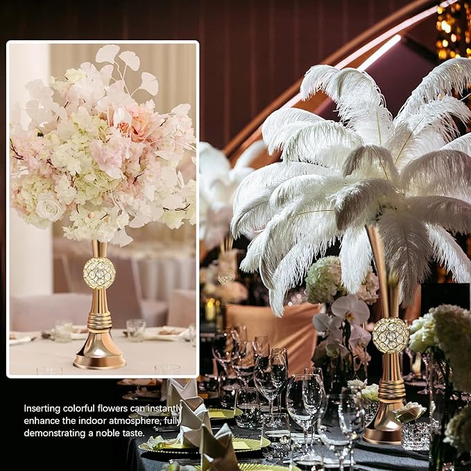 VIJIV 19" Gold Luxury Flower Vase for Wedding Centerpieces - Crystal-Embedded Tall Geometric Metal Vase for Feather, Rust-Resistant Table Decor for Gatsby Party/Reception/Hotel Floral Arrangements