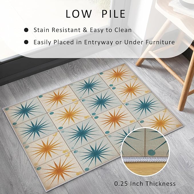Starburst Rug Large 7x10 Mid Century Atomic Checkboard Distressed Pattern Area Rugs for Living Room, Bedroom, Starburst Home Decor Accessories Indoor Carpet, Non Slip & Machine Washable