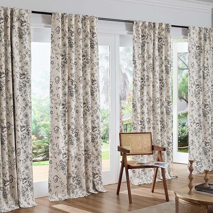 jinchan Blackout Linen Blend Curtain Floral Blackout Curtains for Living Room 96 Inch Length Black Printed with Lined Blackout Curtain for Bedroom Farmhouse Curtains Set 2 Panels
