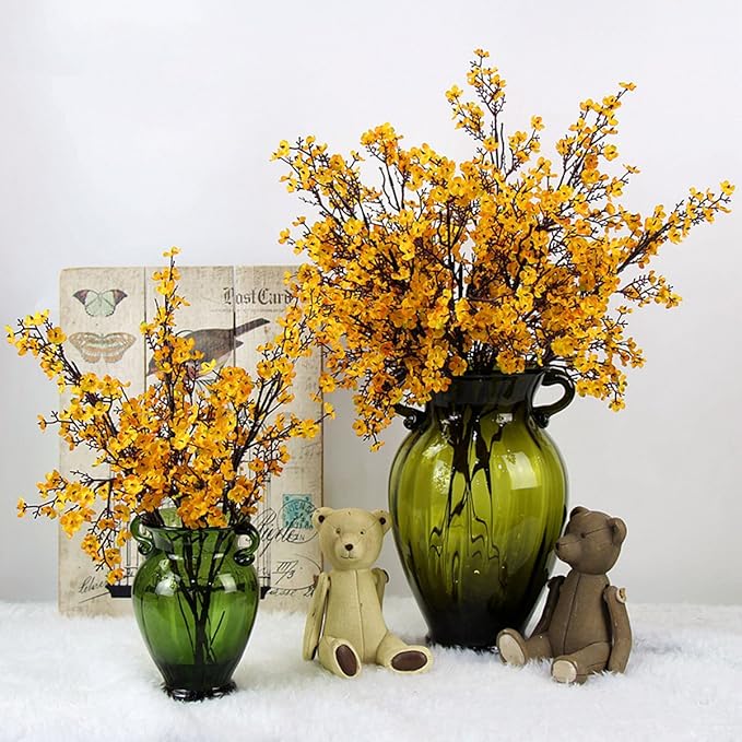 10pcs Babys Breath Artificial Flowers With Vase Gypsophila Bouquet Bulk Fake Spring Silk Flowers Real Touch Faux Floral for Home Kitchen Garden Wedding Christmas Decor (Yellow Orange With Vase)