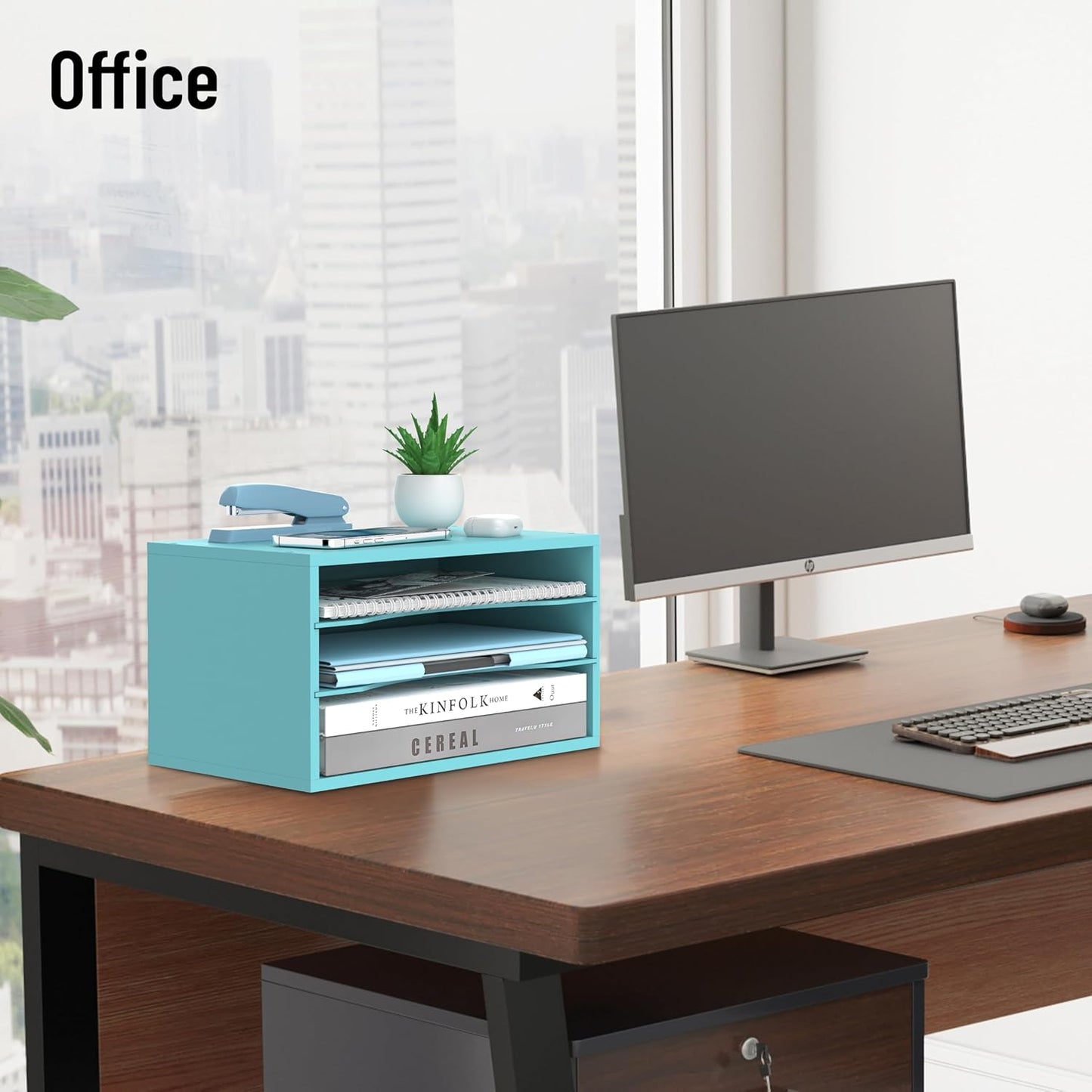 Skiennix Wood Desk Organizer - 3-Tier Adjustable Paper Tray for Office & Home | Blue