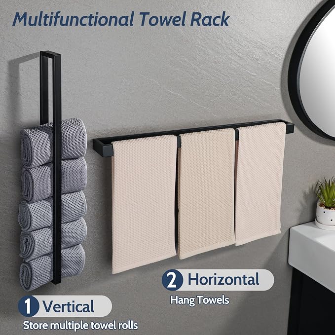 Sayayo Matte Black Towel Bar for Bathroom, 24 Inch Hand Towel Holder Wall Mount Square Towel Ring SUS304 Stainless Steel Towel Rack
