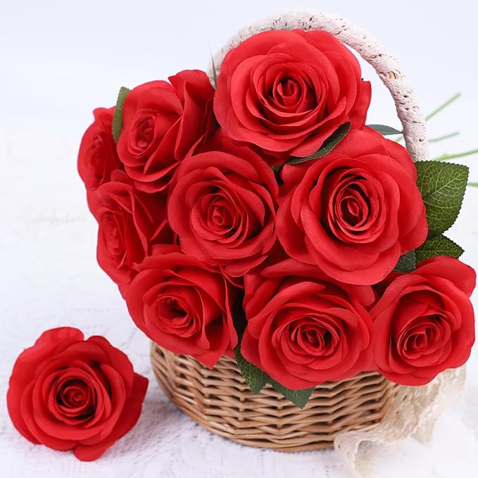 Artificial Rose Flower Artificial Flowers Flower with Long Stem Silk Roses Bouquet for Wedding Bridal Shower Party Home Decoration (Red, 50 Pcs)