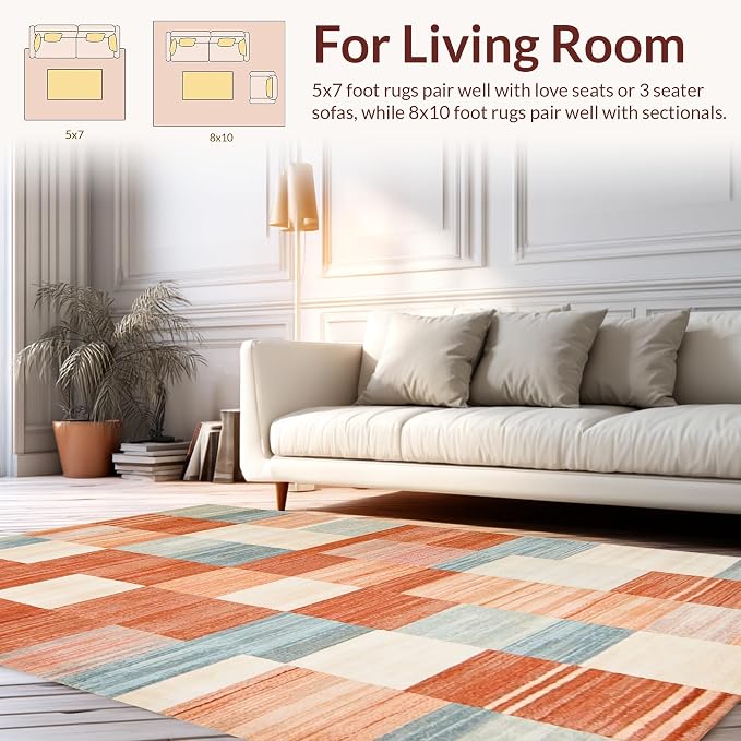 Flatwoven High Traffic Area Rug 6x9, Eclectic Layered Geometric, Non Slip, Stain Resistant, Washable Area Rugs for Living Room, Bedroom (Orange, 6x9)