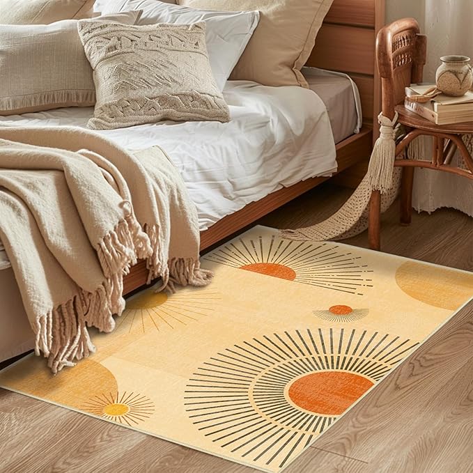 Sun Rug 2x3 for Entryway Mid Century Modern Rugs Machine Washable Boho Geometric Rug Non Slip Printed Low Pile Indoor Door Mat Floor Carpet for Bedroom Bathroom Kitchen Laundry,Yellow