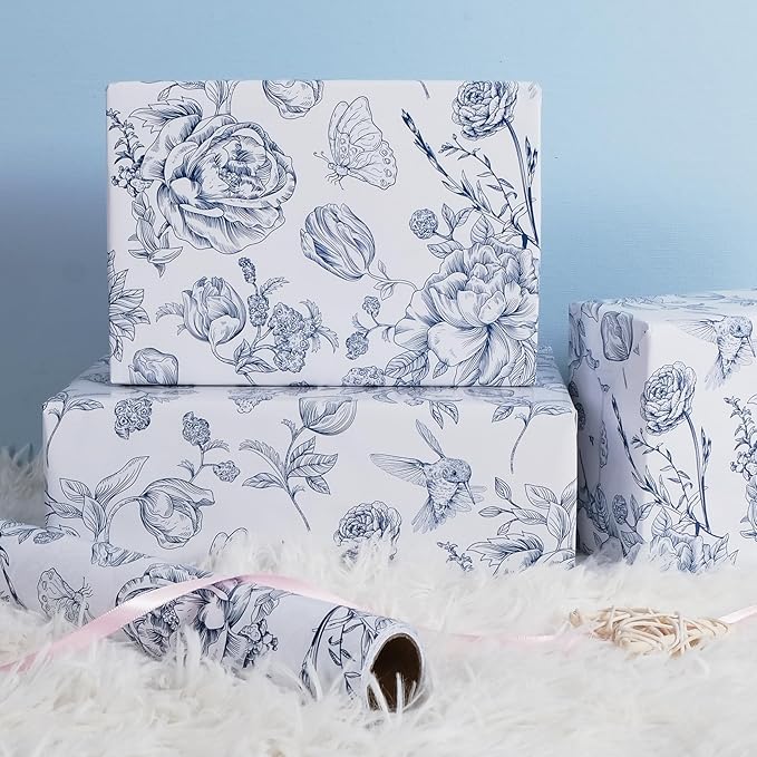 RayofSun Blue Floral Wrapping Paper Roll 17 in x 32ft Mini Roll Vintage Toile Flower Gift Wrap Paper for All Occasion Wedding Birthday Bridal Shower Party Baby Shower Christmas