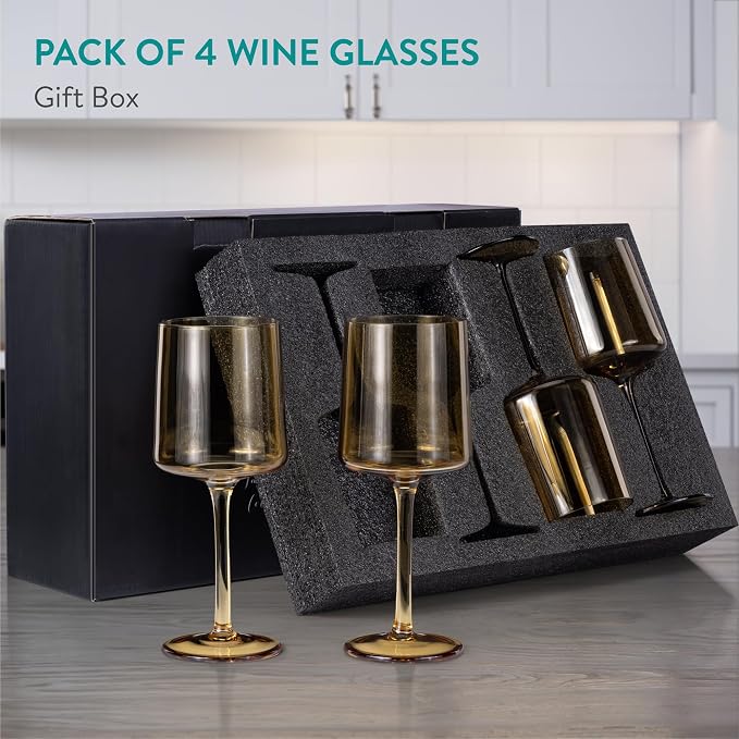 Navaris Amber Tinted Wine Glasses - Set of 4 - Coloured Wine Glasses with Stems - Stylish Design Glassware for Serving Wine, Cocktails, Dessert