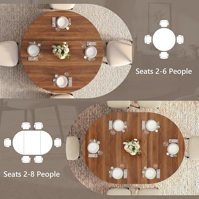 Einhomn 43-59" Extendable Round Dining Table, Kitchen Table for 4-8, Farmhouse Circle Dining Room Table with Removable Leaves,Hidden Storage, Space Saving Wood Kitchen & Dining Room Furniture, Walnut
