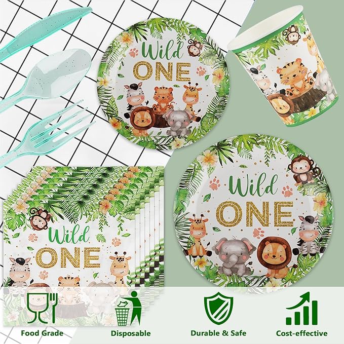 168 PCS Wild One Birthday Tableware Supplies, Disposable Plates Napkins Cups Knives Forks Spoons, Elephant Tiger Tableware Set for Jungle Safari Birthday Baby Shower Christmas Party Decor, Serves 24