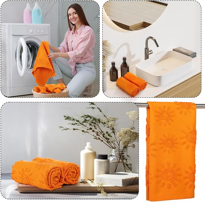 SmoothNovelty 2 Pcs Boho Hand Towels Orange Yellow Towels for Bathroom Sunshine Cotton Absorbent Jacquard Weave 3D Sun Kitchen Decor for Gift Christmas Drying Cleaning Cooking(Orange)