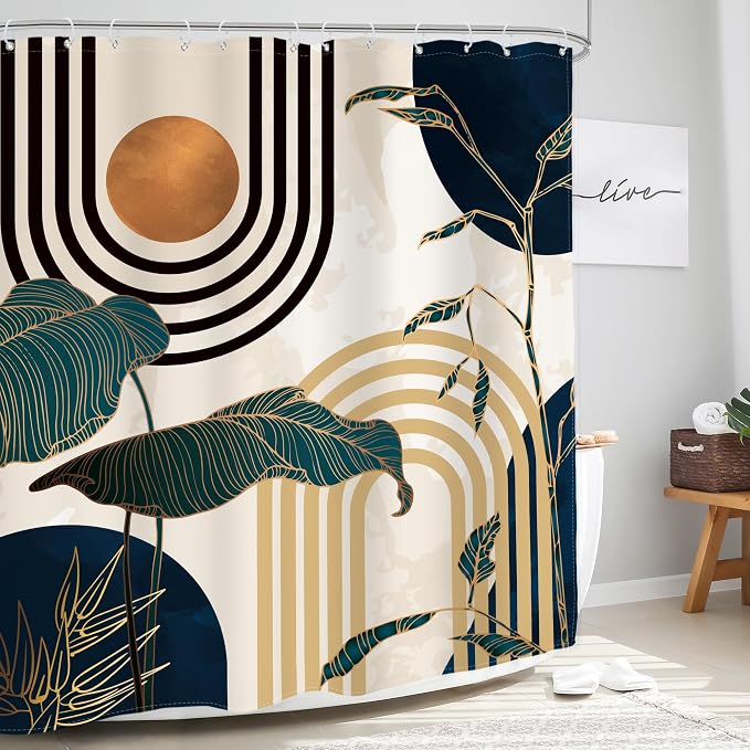 Glawry Blue Abstract Mid Century Shower Curtain Boho Retro Tropical Palm Tree Modern Sun Arch Bathroom Aesthetic Geometric 72Wx72L Inches Bath Accessories Art Home Decor Fabric 12 Pack Hooks