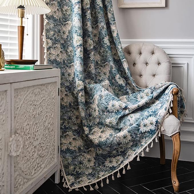 ENJOYBRIDAL Blue Floral Curtains 84 Inch Length 2 Panels Farmhouse Semi Sheer Drapes for Living Room Bohemian Rustic Rod Pocket Window Curtain Panels with Tassel Jacquard Bedroom Window Treatments