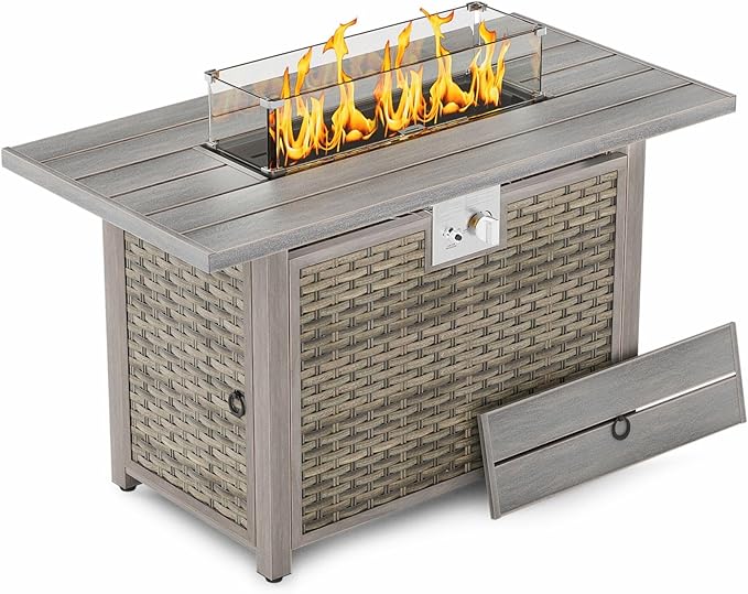 43" Rectangular Propane Fire Pit for Outside Patio 2 in 1, 50,000 BTU Fireplaces with Lid, Glass Rocks, Cover