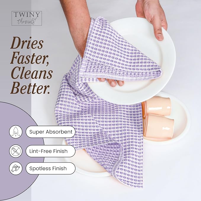 TWINY threads Circle Waffle Kitchen Dish Towels 16x26 Inch, 100% Cotton, Set of 4, Soft, Absorbent, Heavy Duty, Decorative Dishcloth Set, Suitable for Spring Decor, Gifting, Drying Dishes, Lavender
