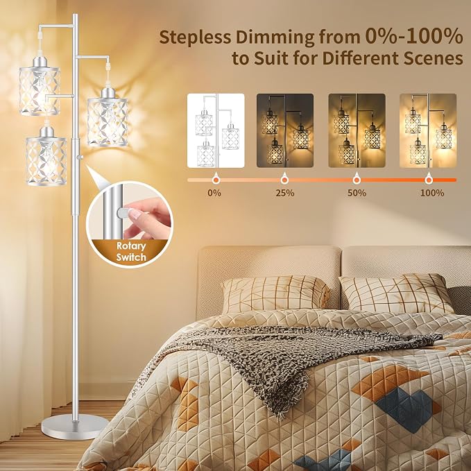 Dimmable Floor Lamp, Farmhouse Standing Lamp with Elegant Metal Cages, Industrial Tall Tree Floor Lamps for Living Room, Bedroom, Study Room, Office, 2000LM LED Bulbs Included -68", Silver