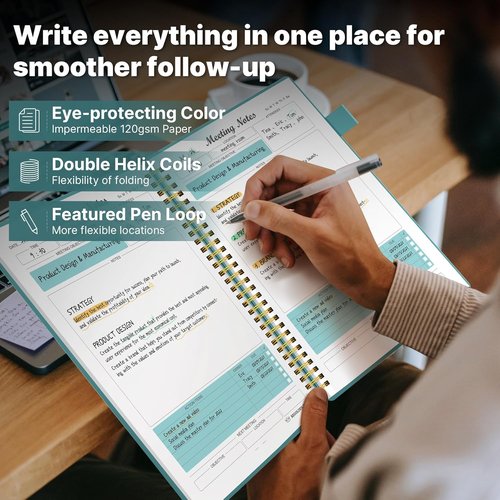 Regolden Meeting Notebook - Action Items & Project Planner | 160 Pages (7”x10”) - Teal for Work & Office