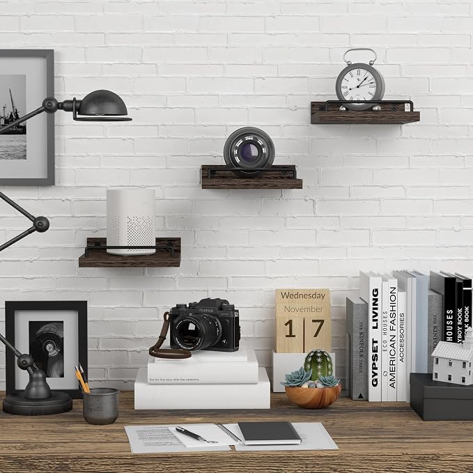 RYOFOBETTO Small Floating Shelf, 6X6 Inches Farmhouse Wall Shelves for Living Room, Bedroom, Picture Frames, Plants, Kitchen, Set of 3 (Brown)