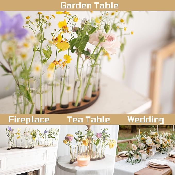 Test Tube Vases for Flowers，Small Plant Propagation Station，S Shape Plant Terrarium with Wooden Stand(Amber)