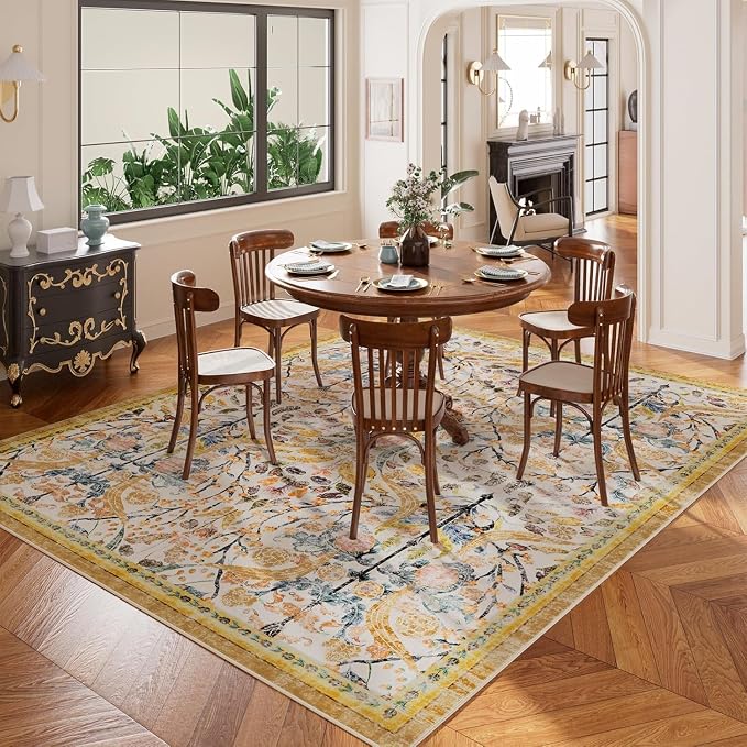 AMTOVO 9x12 Washable Area Rugs for Living Room, Non-Slip&Non-Shedding Floral Large Soft Boho Vintage Print Carpet for Bedroom Girls Room Dorm Dining Room Farmhouse Nursery Home Office, Golden Yellow