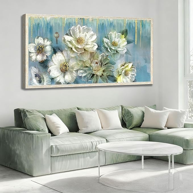 Ardemy Teal Canvas Wall Art Large Framed Magnolia White Floral Pictures Wall Decor Textured Painting Flowers Turquoise Artwork for Living Room Bedroom Dining Room Home Office, 58"x29"