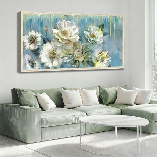 Ardemy Teal Canvas Wall Art Large Framed Magnolia White Floral Pictures Wall Decor Textured Painting Flowers Turquoise Artwork for Living Room Bedroom Dining Room Home Office, 58"x29"
