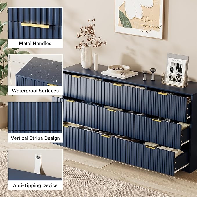 Blue Dresser for Bedroom, Modern Dresser with 9 Drawers and Smooth Slides, Wide Chest of Drawers with Golden Handles for Bedroom, Living Room, Closet, 15.7" D x 63" W x 31.5" H