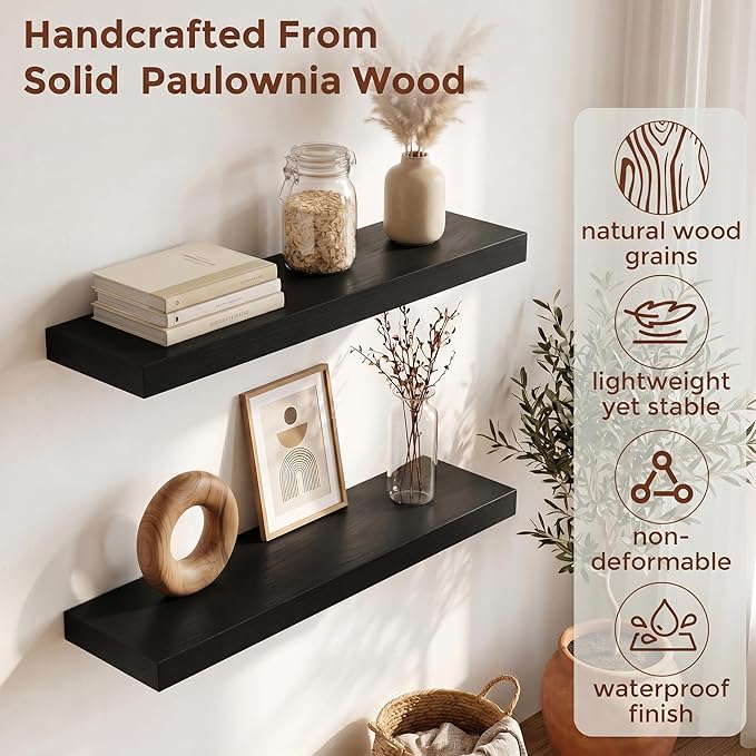 fuqing Black Floating Shelves | 24 Inch Wood Floating Shelves for Wall Set of 2 | 24" W x 6.7" D x 1.4" H Rustic Black Wooden Shelves for Bathroom Living Room Bedroom Kitchen