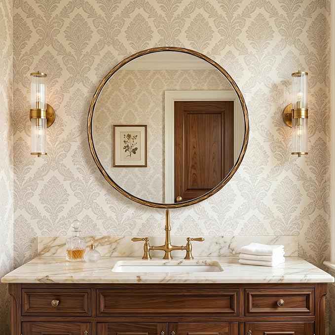 ANDY STAR 28 Inch Hand-Forged Gold Mirrors, Antique Brass Round Hammered Mirror for Bathroom Over Sink, Living Room, Entryway, Vintage, Farmhouse, Rustic, Solid Steel Frame