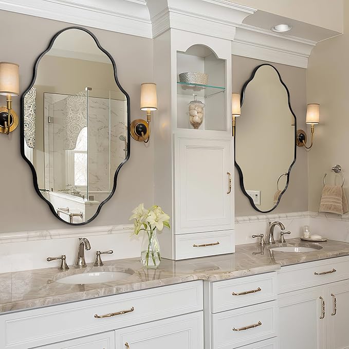 Scalloped Mirror for Bathroom - 20"x36" Black Bathroom Mirror with Aviation Aluminum Alloy Frame & Shatter-Proof Glass for Living Room Bedroom Entryway, Brushed Black Frame