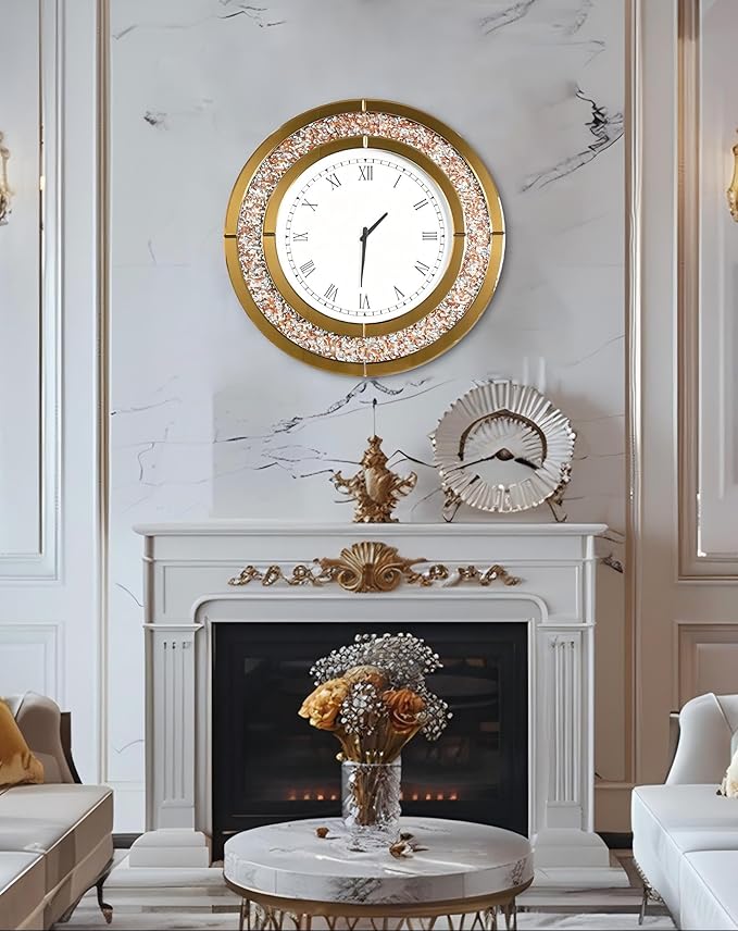 Crushed Diamond Wall Clock Round Decorative Mirrored Clock 32 inch Brown