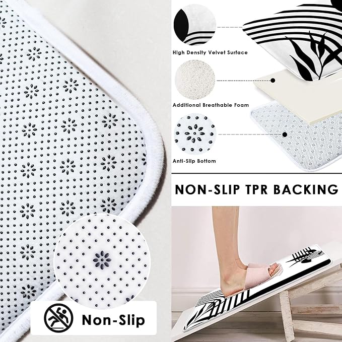 Boho Mid Century Shower Curtain Set with Toilet Lid Cover and Non-Slip Rugs, Abstract Geometric Black White 4 Pcs Modern Minimalist Vintage Shower Curtain for Bathroom Set with 12 Hooks