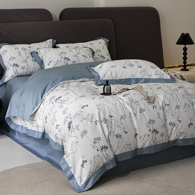 HighBuy Aesthetic Blue Floral Duvet Twin XL Girl Cozy Cotton Comforter Cover with Zipper Closure,Vintage Flowers Botanical Bedding Set Twin XL Luxury Cottagecore Duvet Cover Set for Kids Bed