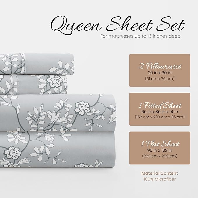 Linen Market Patterned Microfiber Queen Sheet Set 4 Piece – Oeko-TEX Certified Ultra Soft & Wrinkle-Free - 16" Deep Pocket Sheets - Easy Care Queen Size - Trellis Vine Light Gray