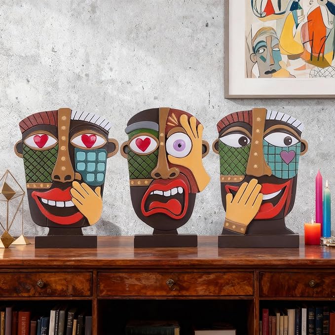 Colorful Abstract Face Sculpture Set of 3 - Modern Cubist Resin Statues for Home Decor, Picasso-Style Artistic Figurines for Shelf, Desk, Bookshelf, Living Room Accents - Unique Gift for Art Lovers