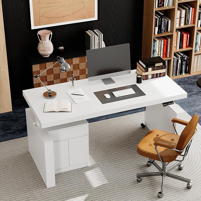 MOUMON 70.9” Electric Standing Desk with Drawer, Height Adjustable Executive Computer Desk with File Storage for Home Office, Sit Stand Desks, White, 70.9”W x 31.5”D x 29.5”-44.1”H